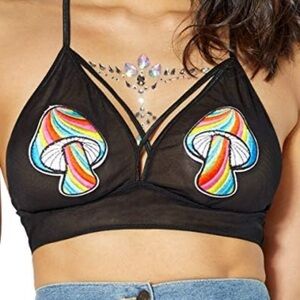 Spencer's Black Bralette with Colorful mushrooms. Size L-XL